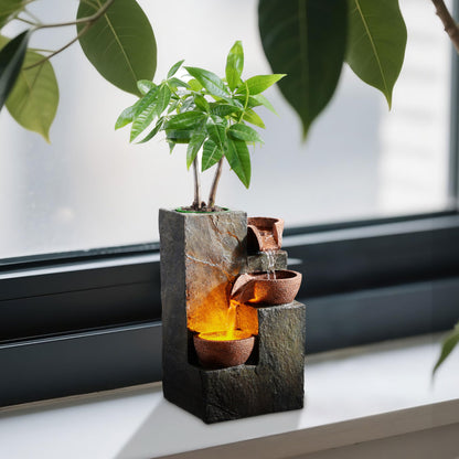 MSEONWXI Tabletop Indoor Water Fountain – 3-Tier Rock Waterfall Fountain with Warm LED Light and DIY Planting Pot – Relaxing Small Water Feature for Desk or Home Decor (23061)