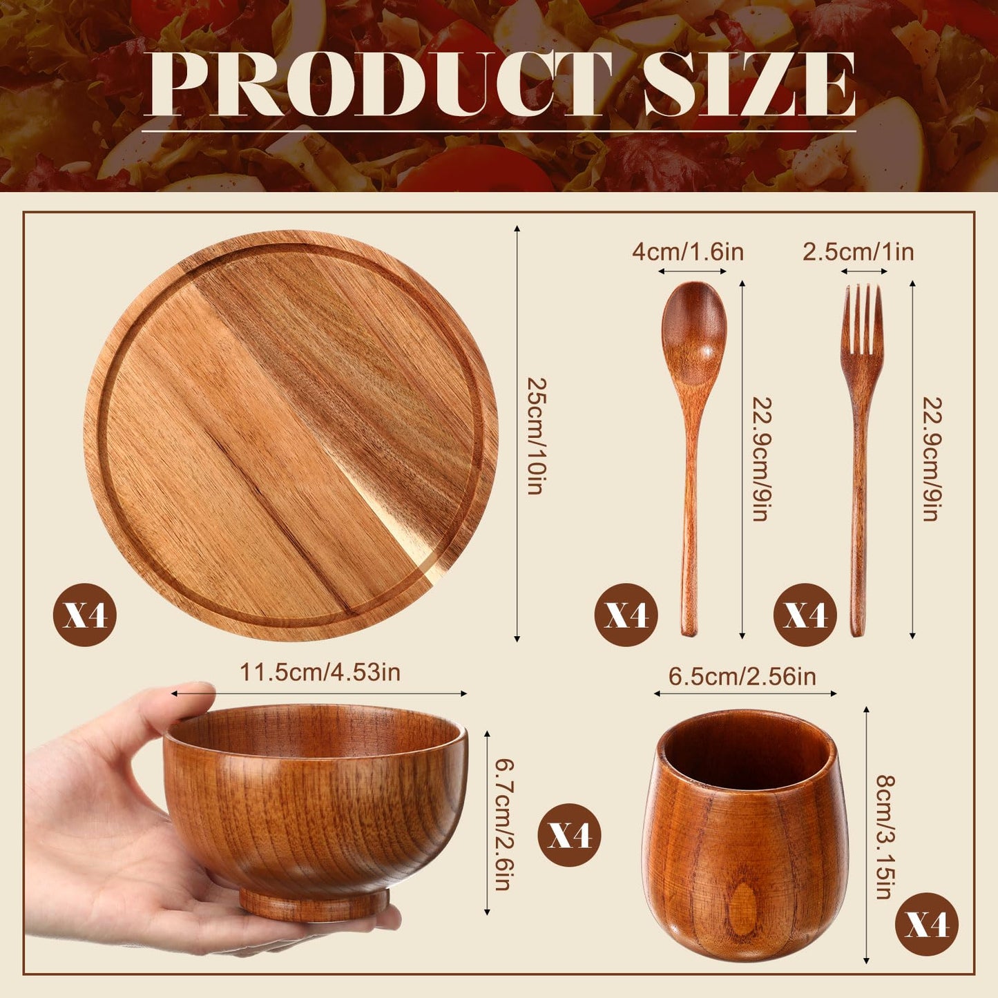 Acellegic 20 Pcs Acacia Wood Dinnerware Set 10 Inch Round Wooden Plates Bowls Tea Cups Fork Spoons Acacia Wood Tableware Supplies Easy Cleaning Lightweight for Dishes Snack Dessert, 4 Set
