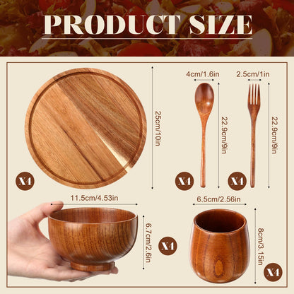 Acellegic 20 Pcs Acacia Wood Dinnerware Set 10 Inch Round Wooden Plates Bowls Tea Cups Fork Spoons Acacia Wood Tableware Supplies Easy Cleaning Lightweight for Dishes Snack Dessert, 4 Set
