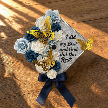 YIXAXKAO DIY Graduation Cap Decorations Kit Graduation Cap Topper Included Faux Rose Flower Heads 3D Butterfly Glitter Letter Stickers Grad Cap Decorations with Graduation Bow (Silver)