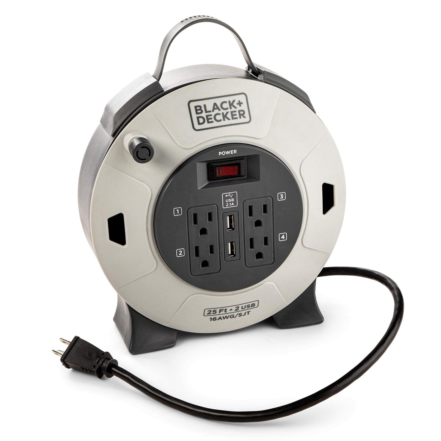 BLACK+DECKER 25 Ft. Retractable Extension Cord Reel with 4 Outlets, 2 USB Ports, Multi-Plug Extension, On/Off Switch & Heavy-Duty 16AWG SJT Cable
