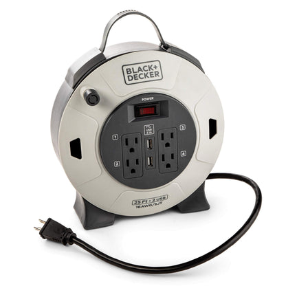BLACK+DECKER 25 Ft. Retractable Extension Cord Reel with 4 Outlets, 2 USB Ports, Multi-Plug Extension, On/Off Switch & Heavy-Duty 16AWG SJT Cable