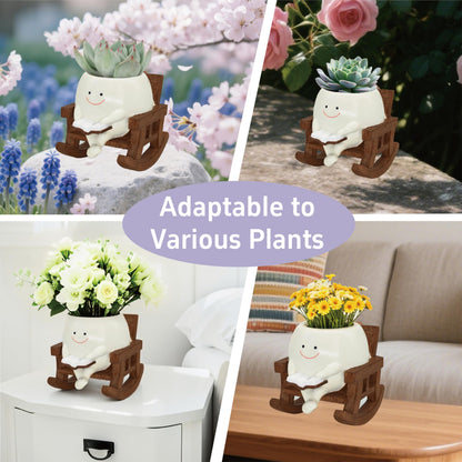 yiilead Smiley Face Planter Pot, Cute Plant Pots for Indoor Outdoor, Unique Reading Rocking Chair Plant Pot for Succulents Plants Live with Drainage Hole, Gift Idea for Mother Day and Christmas