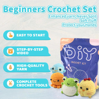YAMAXIN Crochet Kit for Beginners Adults – 4PCS Animal Amigurumi Crochet Starter Kit with Yarn, Hooks, Tools, and Video Tutorials – DIY Knitting Craft Kit (Chick, Frog, Penguin, Octopus)