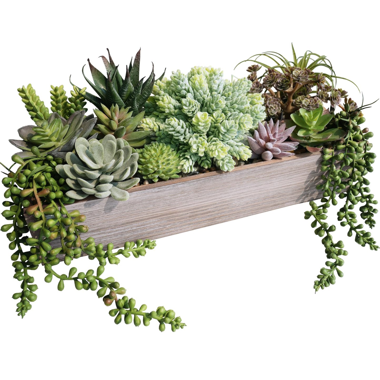 Winlyn 15" Artificial Succulents Plants Arrangement Fake Succulent Plants in Whitewashed Rectangular Wooden Planter Box Faux Potted Plant Decor for Home Windowsill Shelf Farmhouse Table Centerpiece