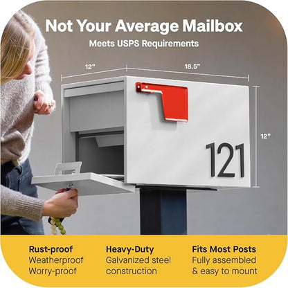 Adoorn Lockable Post Mount Mailboxes for Outside - Small Anti-Theft Locking Mailbox for Packages and Letters - Weatherproof Construction - Durable Steel - 12" H x 12" W x 18.5" D - White