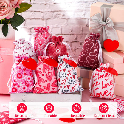 Sweetude 50 Pcs Valentine's Day Burlap Gift Bags with Heart Tag 4 x 6 Inch Small Drawstring Bags Reusable Goody Treat Pouches for Candy DIY Crafts Wedding Favors Party Supplies