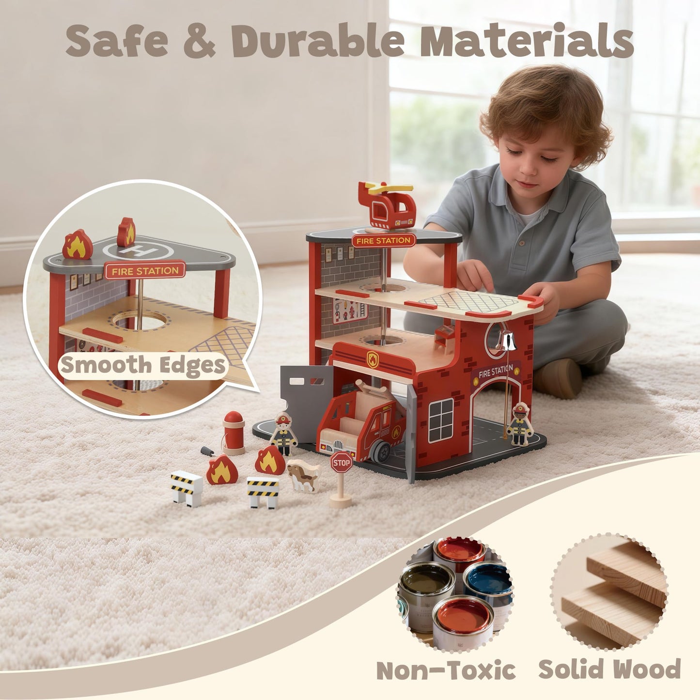 Freniland Wooden Fire Station Playset, 4-Level Pretend Play Firehouse with Fire Truck, Helicopter, Figures & Accessories, Educational Role Play Toy for Toddlers Kids Age 3+