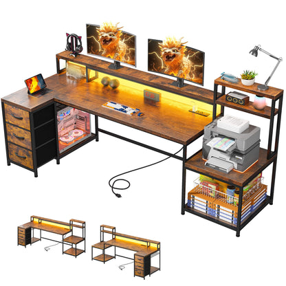 EnHomee 71" L Shaped Computer Desk with 3 Drawers & Hutch,Reversible Gaming Desk with LED Lights & Power Outlet,Home Office Desks with Monitor Stand & Printer Shelf for Student School Rustic Brown