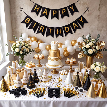 Patelai 25 Pcs Black and Gold Birthday Party Set: 1 black and gold Banner, 3 Glasses, 10 Whistles, 11 Cone Hats for Birthday Party Decoration