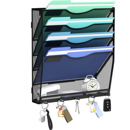 Gawerk 5-Tier Hanging Wall File Organizer with 5 Hooks - Wall Mounted Mail Paper Document Folder Holder, Sturdy Mesh Magazine Rack for Office Home