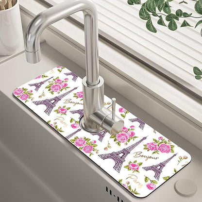 Romantic Eiffel Tower Roses Kitchen Sink Splash Guard Mat Absorbent Fast Drying