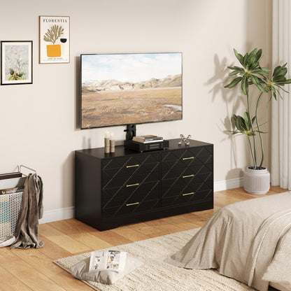 Garvee TV Stand with 6 Storage Drawer for Living Room, Bedroom, Black TV Stands w/Height Adjustable Mount Fit 32-80 Inch TVs, Universal Wooden Dresser As Entertainment Center, Farmhouse Console Table