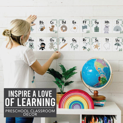 Hadley Designs Alphabet for Classroom Wall Decor - ABC Posters for Classroom Wall Chart Preschool & Kindergarten, ABC Letters & Number Line Elementary, Alphabet Cards, Greenery Classroom Decor