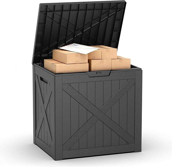 PatioZen 32 Gallon Package Delivery Box, Lockable Outdoor Package Delivery Box with Lid, Waterproof Resin Storage Bench for Patio Furniture, Garden Tools, Cushions, Pool Accessories (Black)