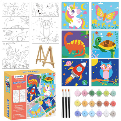 goldentime 6 Pack 8x8inch Paint by Numbers Kit for Kids, Predrawn Canvas for Painting with Unicorn, Butterfly & More, Includes 18 Acrylic Paints, 6 Brushes & Easels, Easy Art Supplies for Kids 4-8-12