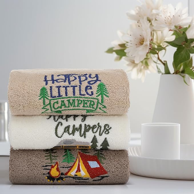 Kitchen 3 Pcs Camping Themed Hand Towels Embroidered Happy Camping Bathroom