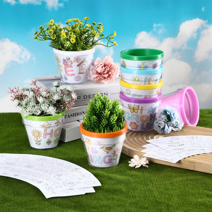 Meanplan 24 Pcs Spring DIY Flower Pots, Color Your Own Flowerpots Bulk Colorful Plastic Garden Pot Crafts Painting Kit for Adults DIY Art Projects Fun Activities
