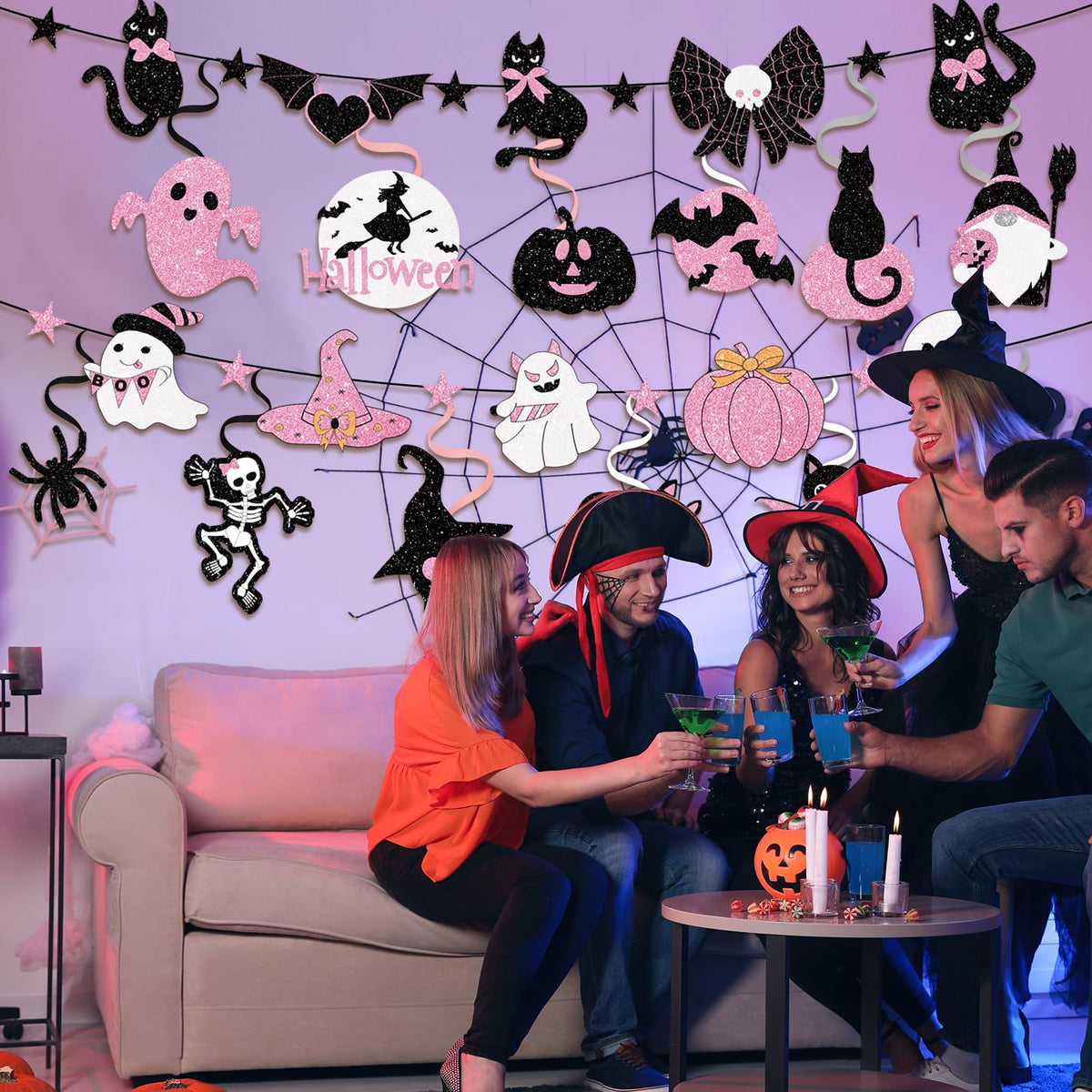 32 Piece Halloween Indoor Decoration Include 4 Banner Garlands and 12 Hanging Swirls Decora Pink Halloween Party Garland Hanging Decorations for Girls Home Mantel Wall and Window Decorations
