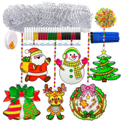 AUEKIV Christmas Suncatcher Kit 30 Sets Christmas Sun Catcher Window Paint Art DIY Craft Kits Santa Snowman Snowflake Reindeer Suncatchers Decoration for Classroom Holiday Home Party Activity Project