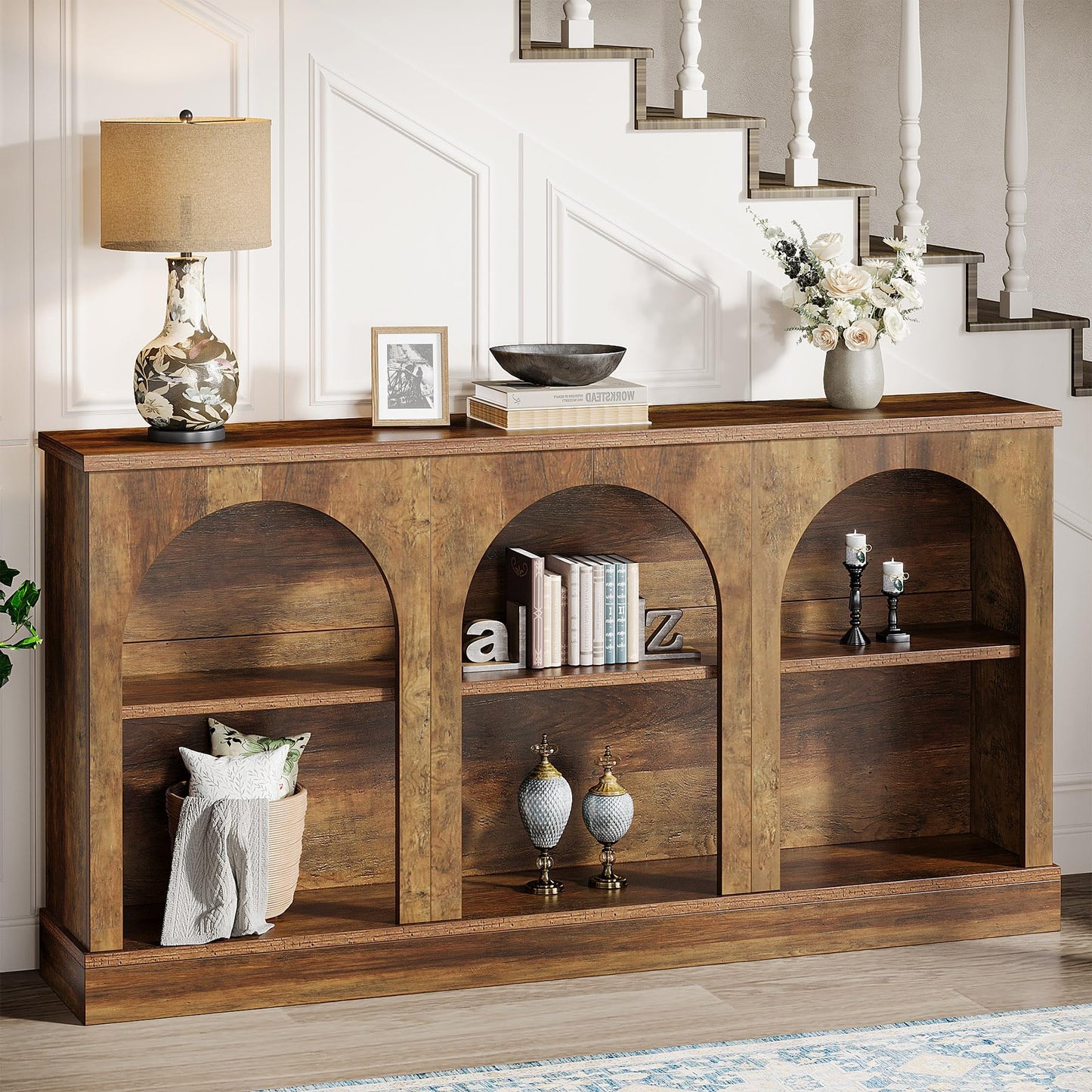 Tribesigns Farmhouse Console Table, 63-Inch Long Entryway Table with 3 Tier Storage, Wooden Rectangular Sofa Table Behind The Couch for Entrance, Hallway, Living Room, Brown