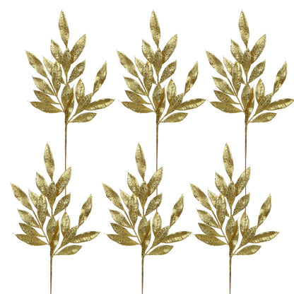 DILATATA 6Pcs Christmas Glitter Leaves Bay Leaves Spray 24" Artificial Gold Bay Leaf Picks Sprays Giltter Stems for Christmas Tree DIY Xmas Wreath Garland Home Decor - Gold