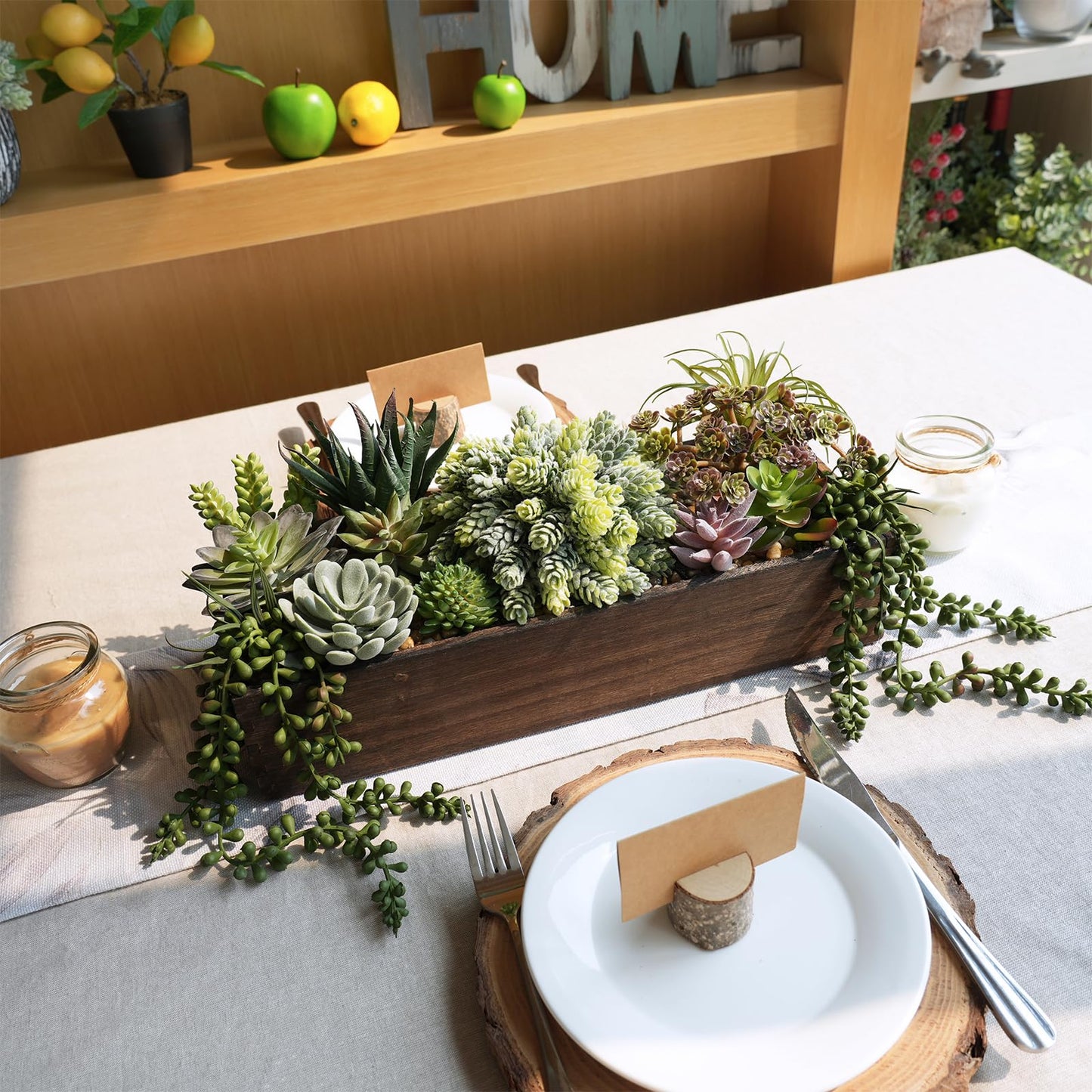 Winlyn Artificial Succulent Arrangement 15" Assorted Succulents Plants in Brown Rectangular Wooden Box Faux Potted Succulents Plant for Farmhouse Home Table Centerpiece Mantel Shelf Kitchen Décor