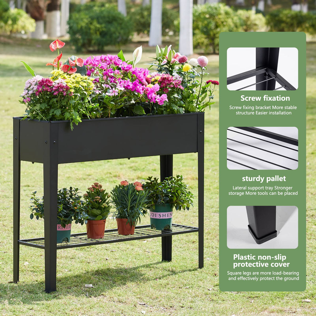 Piksedo Raised Garden Bed, Elevated Planter Black Metal Plant Box with Legs Standing Garden Stand Drainage Holes Black