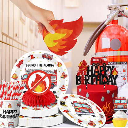 219pcs Firetruck Birthday Decorations Tableware Include Fire Truck Plates and Napkins Set, Cups, Banner, Hanging, Tablecloth, Cake Topper, Cupcake Topper for Firefighter Party Decorations Serve 24