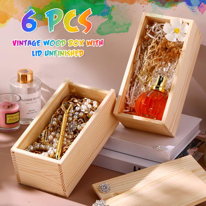 Suzile 6 Pcs Unfinished Wood Boxes with Slide Lid, 7.87 x 3.94 x 3.15 Inches Rectangle Wooden Small Gift Box for Craft DIY Jewelry Bead Organizer(Wood Color)