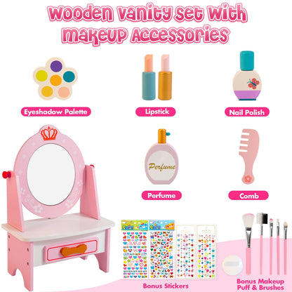 Kizfarm Wooden Dollhouse Furniture Set and Wooden Vanity Set for Kids