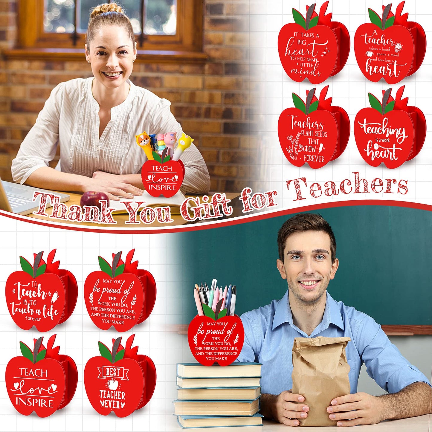 Fuutreo 8 Pcs Teacher End of Year Gifts Teacher Appreciation Gifts Pencil Holder Apple Wooden Pencil Holder Thank You Pencils Organizer for Classroom School Desktop