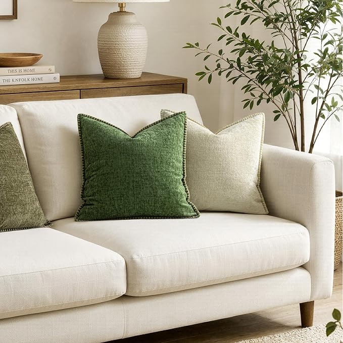 MIULEE Pack of 2 Pillow Covers 18x18 Inch Cream White Farmhouse Decorative Throw Pillow Covers with Stitched Edge Soft Chenille Solid Dyed Couch Pillow Covers for Sofa Bed Living Room