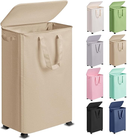 Slim Laundry Hamper with Lid and Wheels, Small Rolling Laundry Basket with
