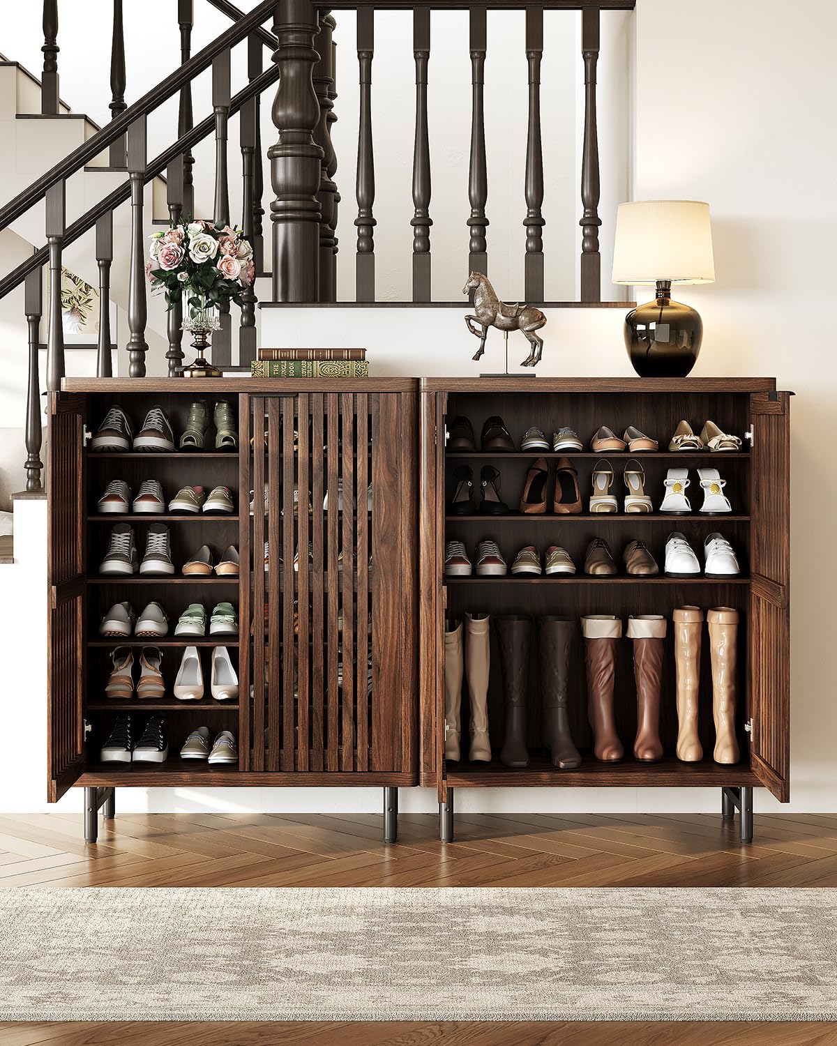 LITTLE TREE 6-Tier Shoe Cabinet with Doors for Up to 24 Pairs, Large Wooden Shoe Storage Cabinet with Adjustable Shelves, Retro Freestanding Shoe Organizer Cabinet for Entryway, Hallway, Dark Walnut