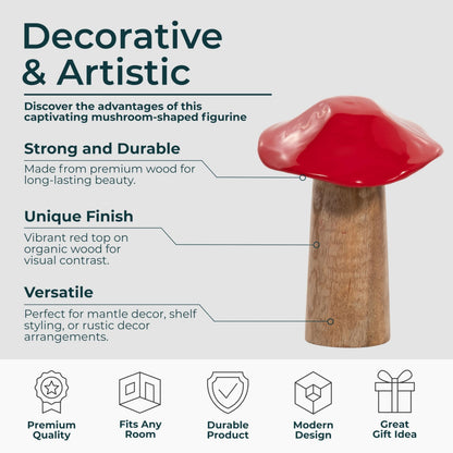 Wooden Mushroom Figurine Sculpture – Artful Accent for Room Decor and Boho Home Decor, for Shelf, Desk, or Tabletop Display, with Playful Nature-Inspired Design Detail – 6", Rustic Wood and Red