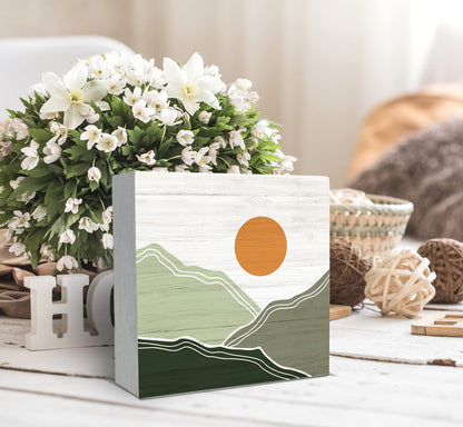 SRADMO Abstract Boho Sun Green Mountains Wood Box Sign Desk Decor, Bohemian Nature Landscape Wooden Block Box Sign Decoration For Home Office Shelf Table Decor