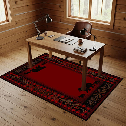 CASAVAINE Rustic Bear Family Area Rug 3'x5', Buffalo Plaid Cabin Lodge Rug with Wildlife Bear Silhouette, Non Slip Low Pile Rug for Living Room Bedroom
