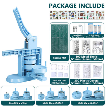 MK.Bear Button Maker Machine Multiple Sizes 1+1.25+2.25inch(4th Gen), DIY Button Pin Maker Machine Kit, Badge Press Machine with 300PCS 25+32+58mm Button Making Supplies& Cutting Mat&Circle Cutter
