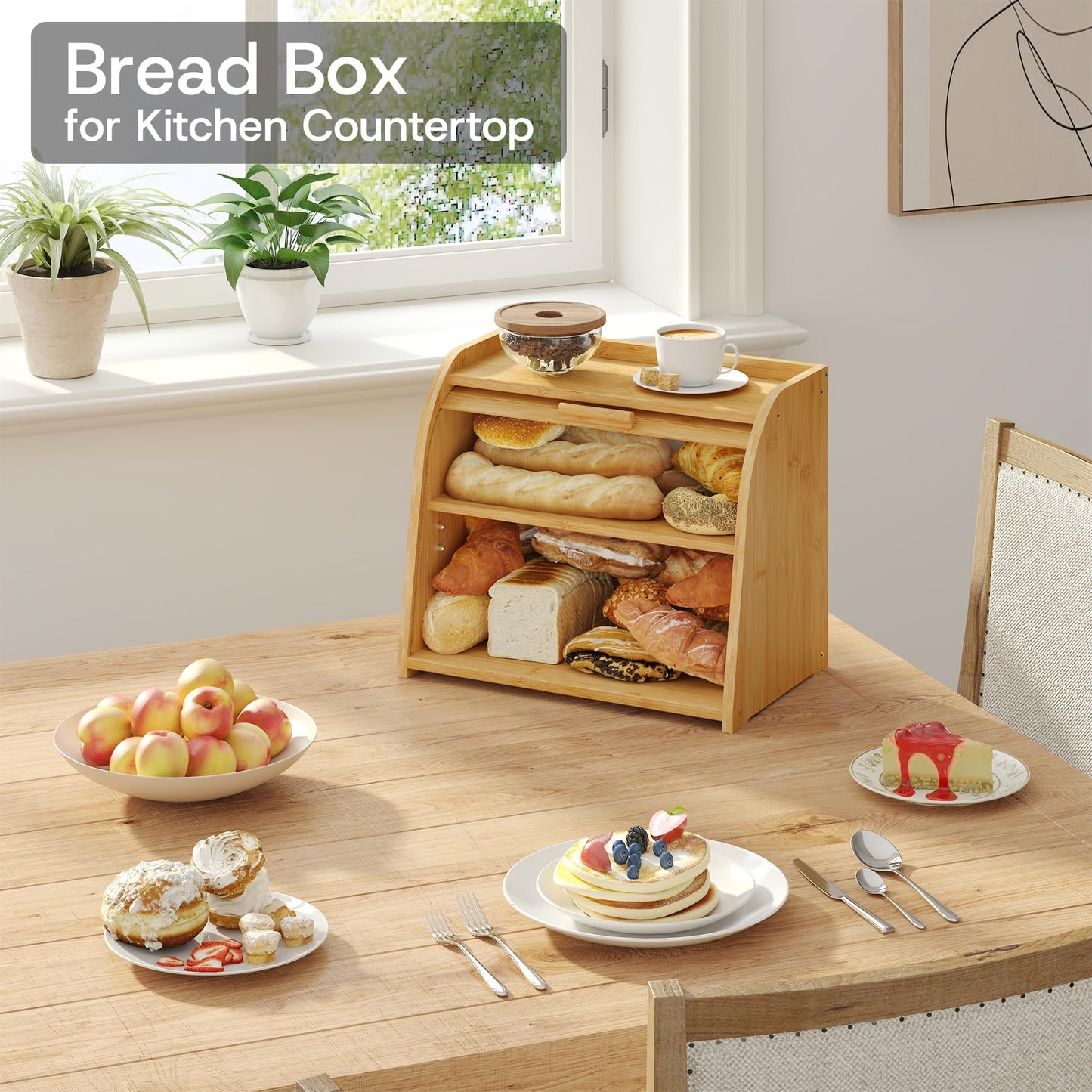 kiplant Bread Box for Kitchen Countertop, Large Bamboo Wood Bread Box, Wooden Corner Bread Storage Capacity
