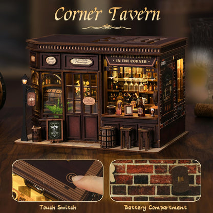 DIY Miniature House Kit, 3D Wooden Puzzle for Adults, Retro Corner Tavern Bar Model with LED Light & Furniture, Creative Roombox Building Set for Home Decor & Hobby Gift (Corner Tavern)