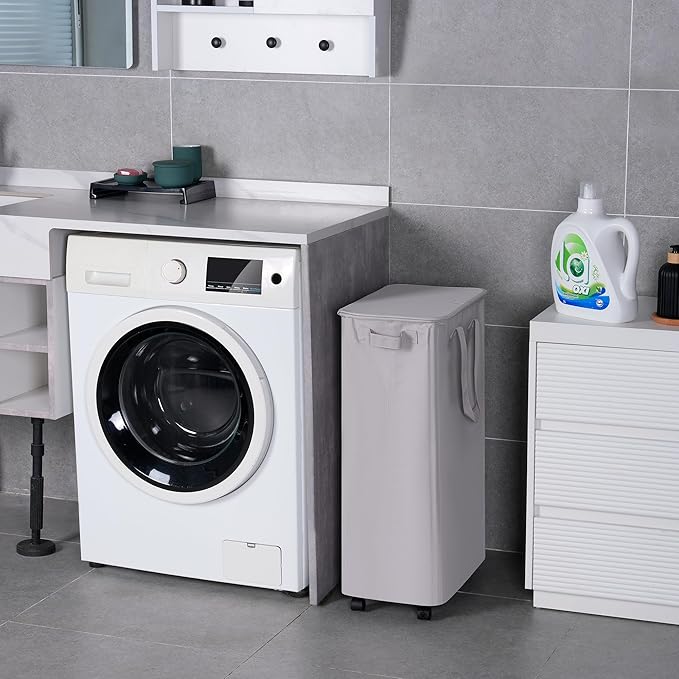 Slim Laundry Hamper with Lid and Wheels, Small Rolling Laundry Basket with