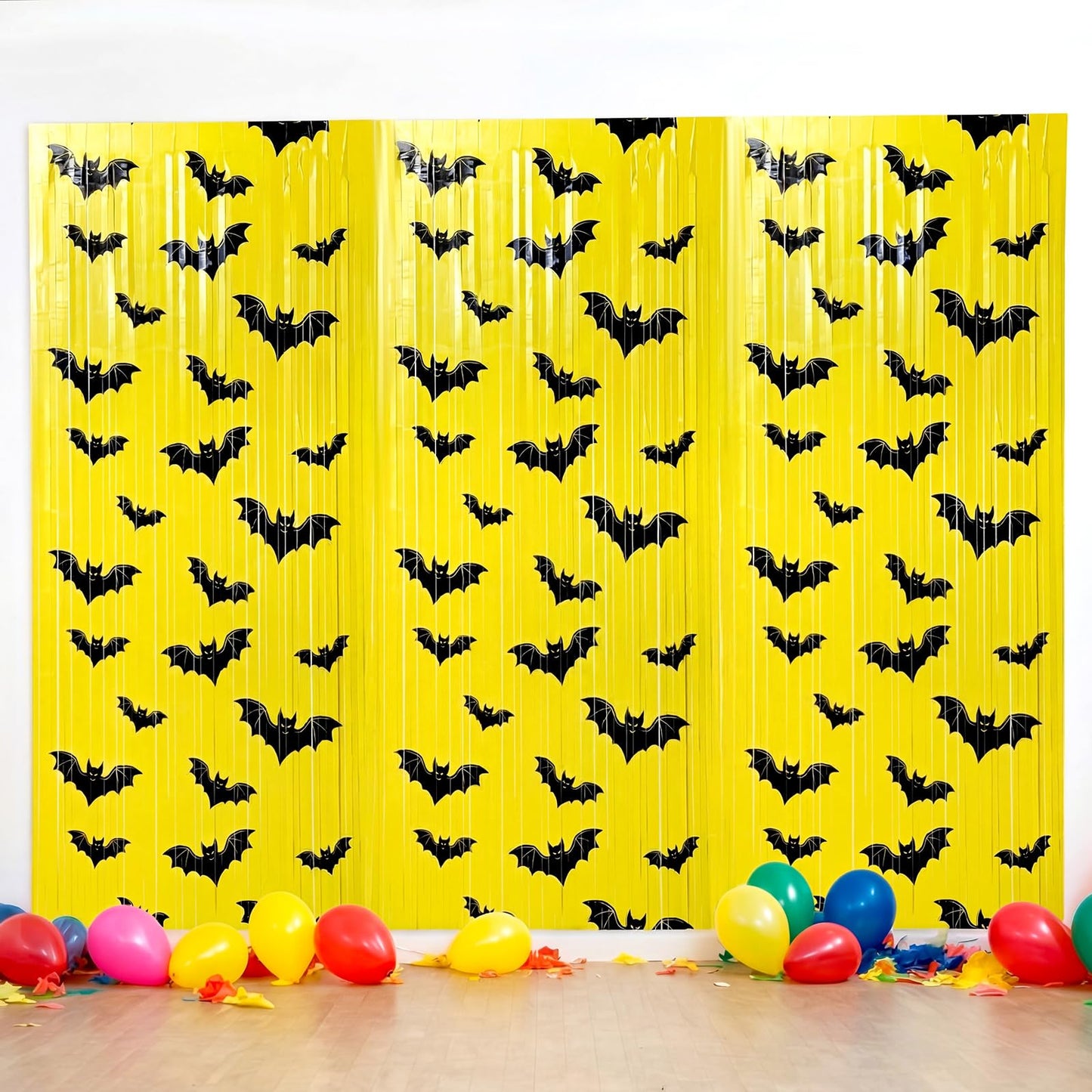 Frienda 3 Pcs Bat Birthday Party Supplies Bat Metallic Tinsel Foil Fringe Curtains Party Supplies Yellow and Black Backdrop for Birthday Decorations, 3.28 x 6.56 Inches