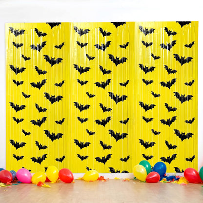 Frienda 3 Pcs Bat Birthday Party Supplies Bat Metallic Tinsel Foil Fringe Curtains Party Supplies Yellow and Black Backdrop for Birthday Decorations, 3.28 x 6.56 Inches