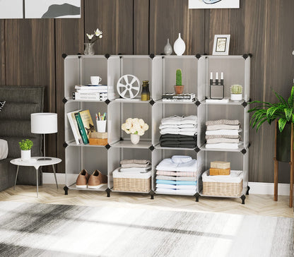 AWTATOS Cube Storage Organizer Storage 12 Cube Bookshelf DIY Plastic Closet Storage Shelves with Wooden Mallet, Ideal Storage Solution for Home, Bedroom, Translucent White