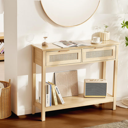 VEVOR Rattan Console Table with 2 Storage Drawers, Rattan Entryway Table with Natural Rattan Sliding Door, Console Sofa Table for Living Room, Study, Entryway Or TV Wall, Natural