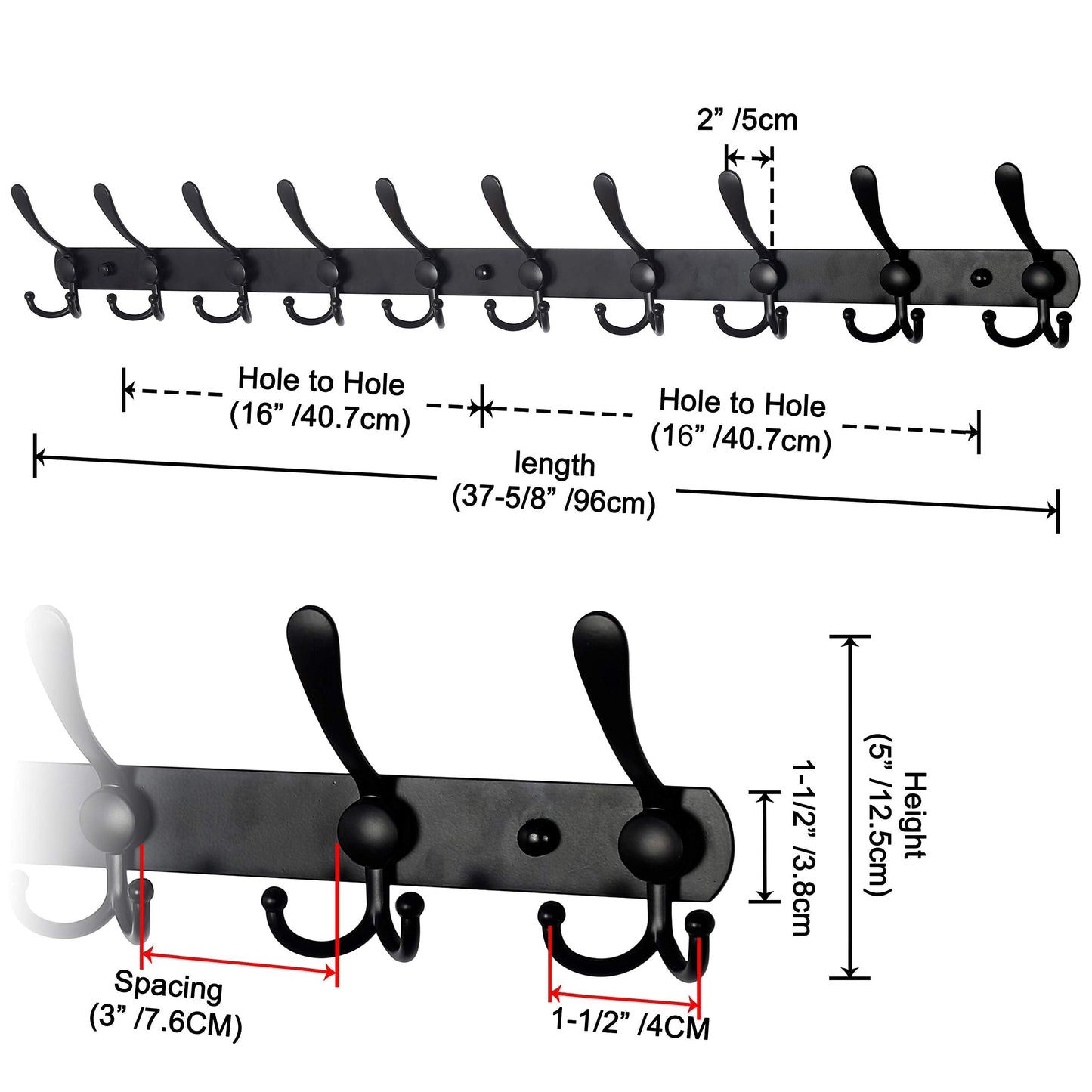 Dseap Coat Rack Wall Mount - 38” Long 10-Tri-Hooks Heavy Duty Coat Hanger Rail Wall Hooks for Hanging Coats Hats Clothing Clothes Purse Mudroom Entryway, Black