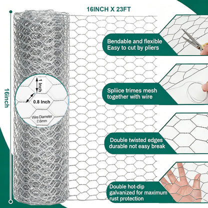 KIMZHE Chicken Wire Fencing, 16 Inx 23Ft(40cm x 7m) Chicken Wire Mesh Roll, 1 in Mesh Poultry Wire Netting, Anti-Rust Hexagonal Galvanized for Chicken Coop Crafts Garden Fence with 50 Zip Ties