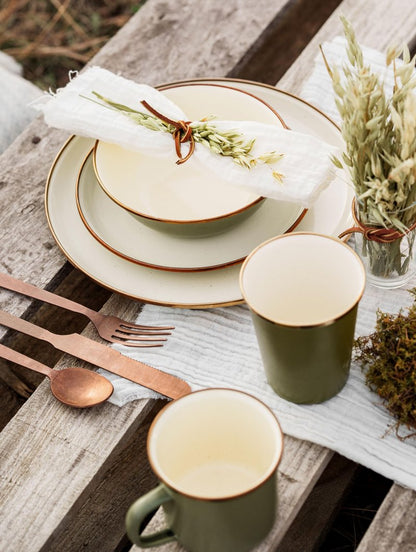 Barebones 2-Tone Enamel Cup Set - Set of 2, 14 oz Mugs - Enamelware Mugs - Durable Kitchen or Camping Mug Set (Olive Drab)