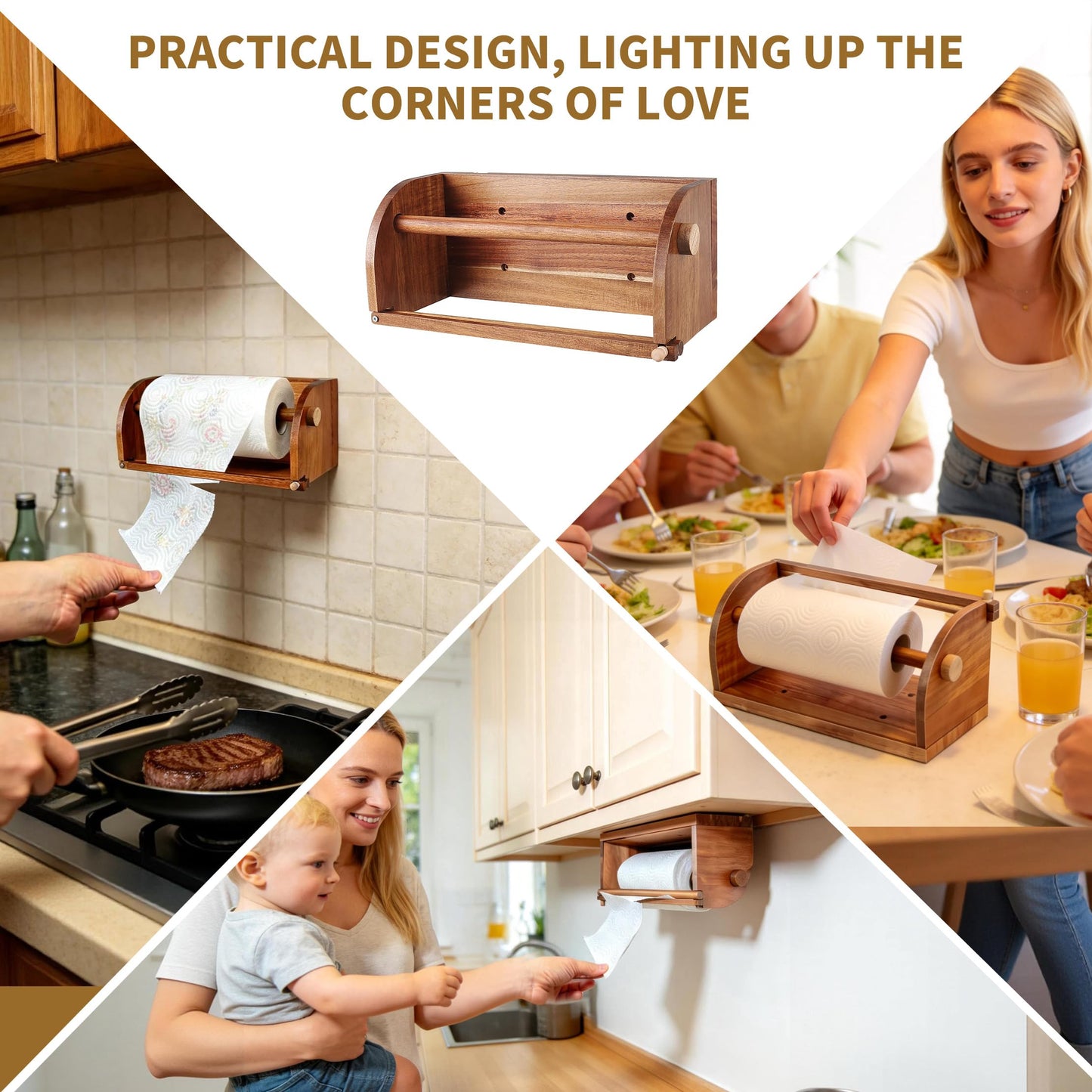 Extra Large Wooden Hanging Paper Towel Holder Wall Mount, Handmade Acacia Wood Farmhouse Paper Towel Holder, One Hand Tear Design, Wall Mount Countertop Under Cabinet Paper Towel Rack for Kitchen
